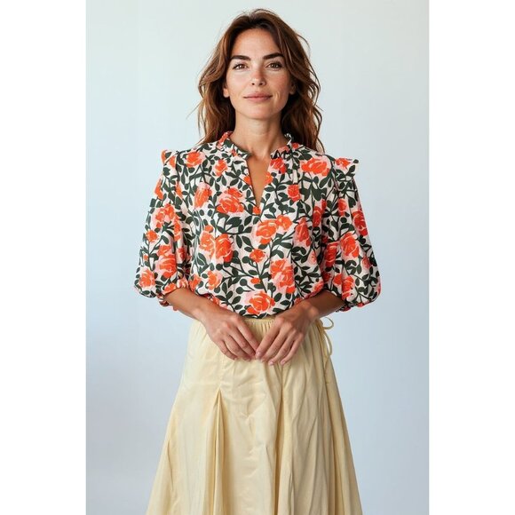 THML Tops - THML Womens Top M Floral Orange Blouse Ruffle Puff Sleeves Boho Chic Cottagecore